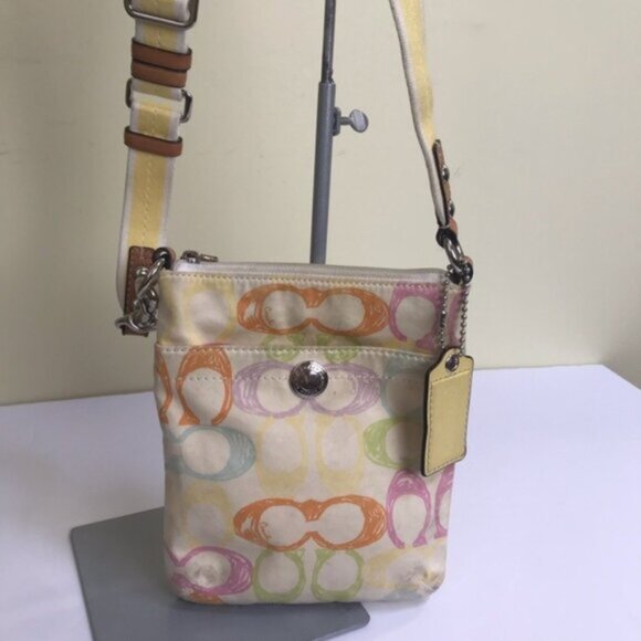 COACH Mini Signature SCRIBBLE CC Crossbody Bag Shoulder Lather Fabric Hobo Zip - Picture 1 of 13